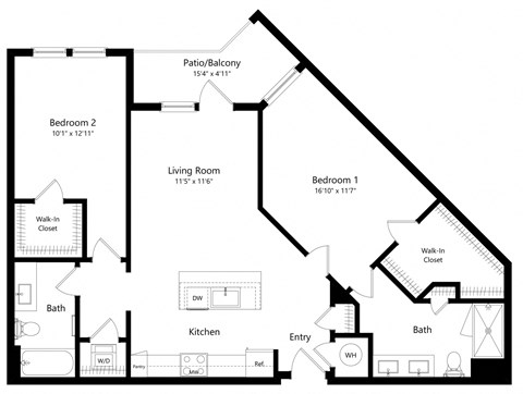 Floor plan for 2 beds, 2 baths, 1102 sqft